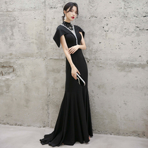 Black evening dress dress female banquet temperament Noble host aura Queen long style slim fishtail celebrity thin