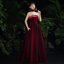 Wine red toast brides 2020 new autumn and winter banquet temperament velvet evening dress dress womens high texture