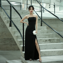 Banquet small evening dress female 2020 new noble temperament simple generous black long birthday party dress