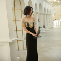 High-end evening dress female 2020 new Noble elegant temperament long host black slim dress