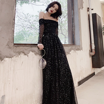 Banquet temperament evening dress female 2020 new black shoulder elegant long high end atmosphere dress