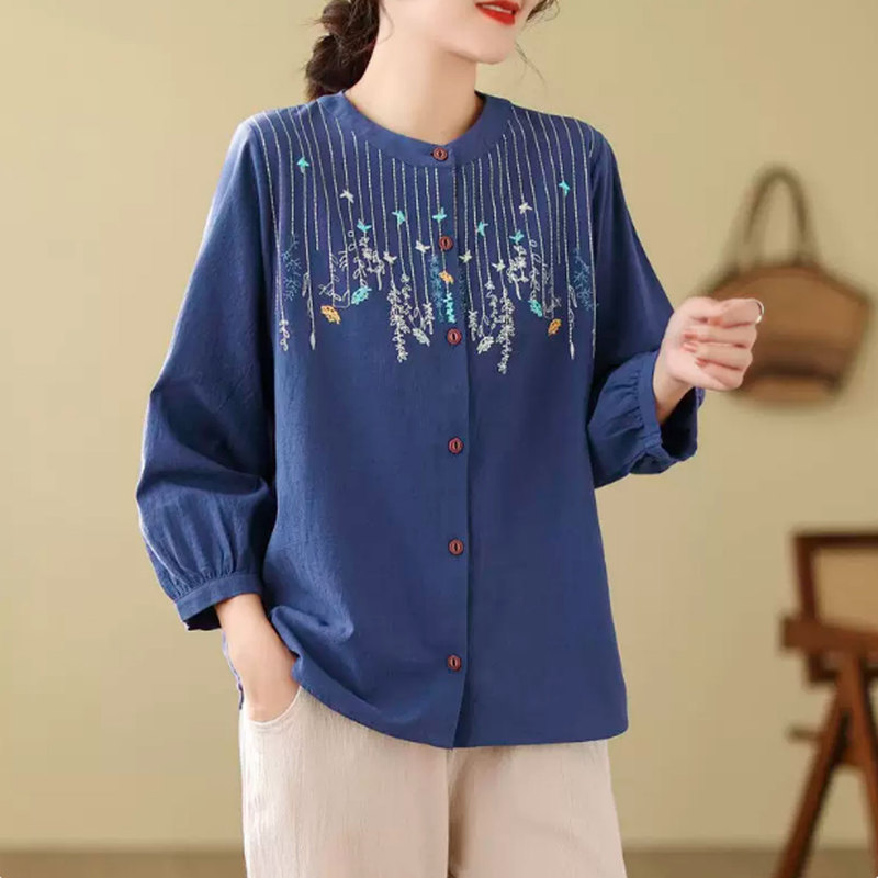 Middle-Aged Mom's Autumn Long-Sleeve Shirt, Plus-Size Women's Outerwear, Loose-Fitting Slimming Cotton-Linen Embroidered Cardigan