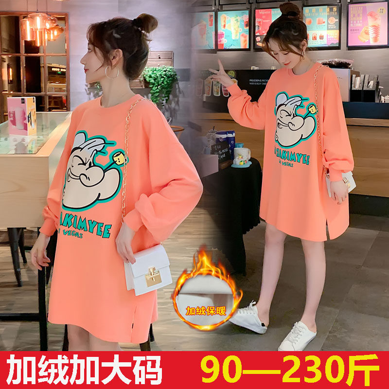 Fat Sister Pregnancy Maternity Dress Plus Velvet Clothing Autumn Winter Large Scale Code Loose slim medium Long version T-shirt dress 200 catwoman Damp Woman