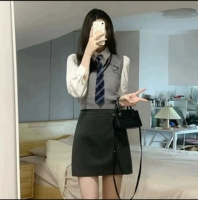 Белая рубашка, жилет, юбка, галстук