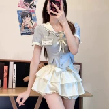 Студенческая юбка в складку, приталенный комплект, корсет, в американском стиле