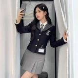 Корейская студенческая юбка в складку, комплект, пиджак классического кроя, корсет, рубашка, 3 предмета