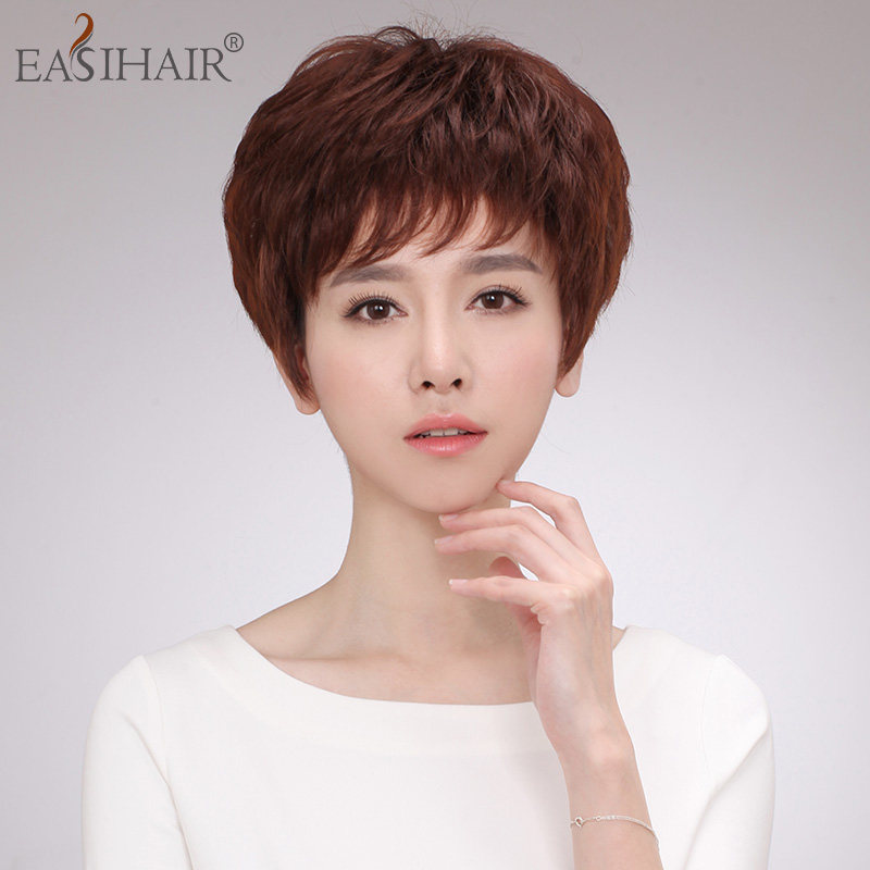 Fashion real hair wig Women's short curly hair Full real hair Women's full head cover realistic wig set natural short hair