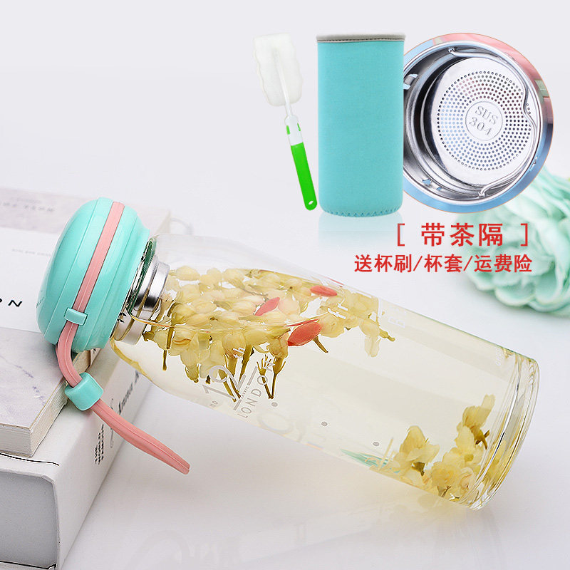 Simple fun small fresh flower tea glass female portable Korean cute student water cup Simple glass bottle with filter