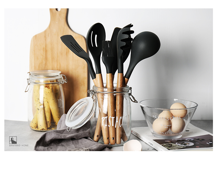 Một nửa phòng xử lý bằng gỗ xẻng silicone không dính nấu ăn xào xẻng muỗng mì colander bàn chải cào nướng nấu ăn bộ chảo thép carbon