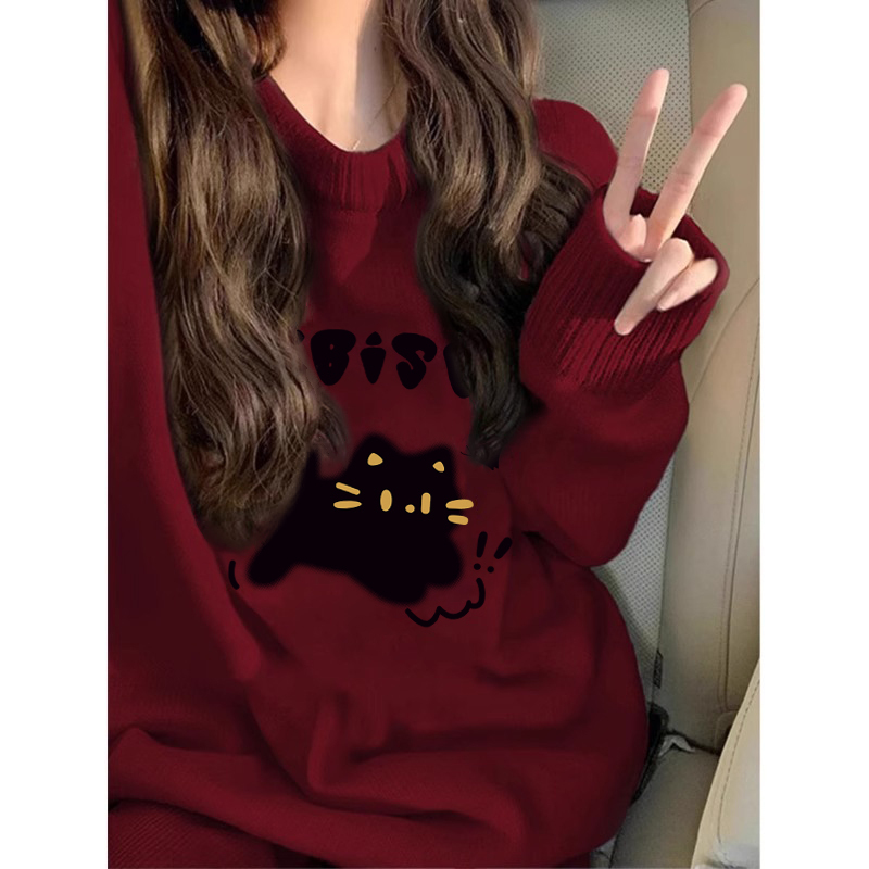 Junior High School Students' Burgundy Sweater for Girls, Autumn and Winter 2026, New Year's Hot Style, Lazy Style Knitted Top for the Year of Birth