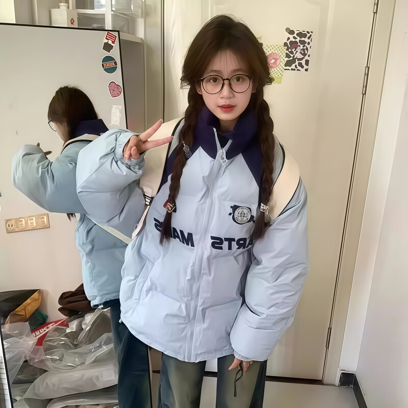 Light Blue Korean Style College Wind down Jacket for Girls, 2026 Winter New Model, Warm Coat for Middle and High School Students Light Blue Korean Style College Wind down Jacket for Girls, 2026 Winter New Model, Warm Coat for Middle and High School Students