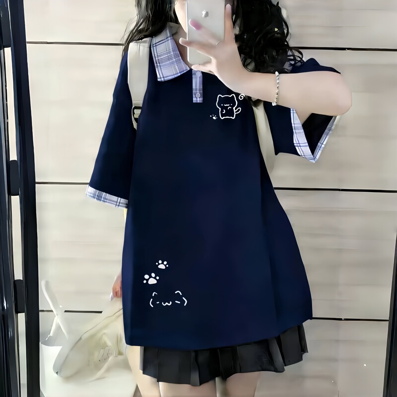 American-Style Navy Blue Plaid Collar Polo Shirt for Girls, New Summer Style for Middle and High School Students, Short-Sleeved T-Shirt Top American-Style Navy Blue Plaid Collar Polo Shirt for Girls, New Summer Style for Middle and High School Students, Short-Sleeved T-Shirt Top