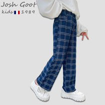2021 new girls pants Tide brand spring and autumn casual wide leg pants children Korean version of Joker plaid trousers autumn wear