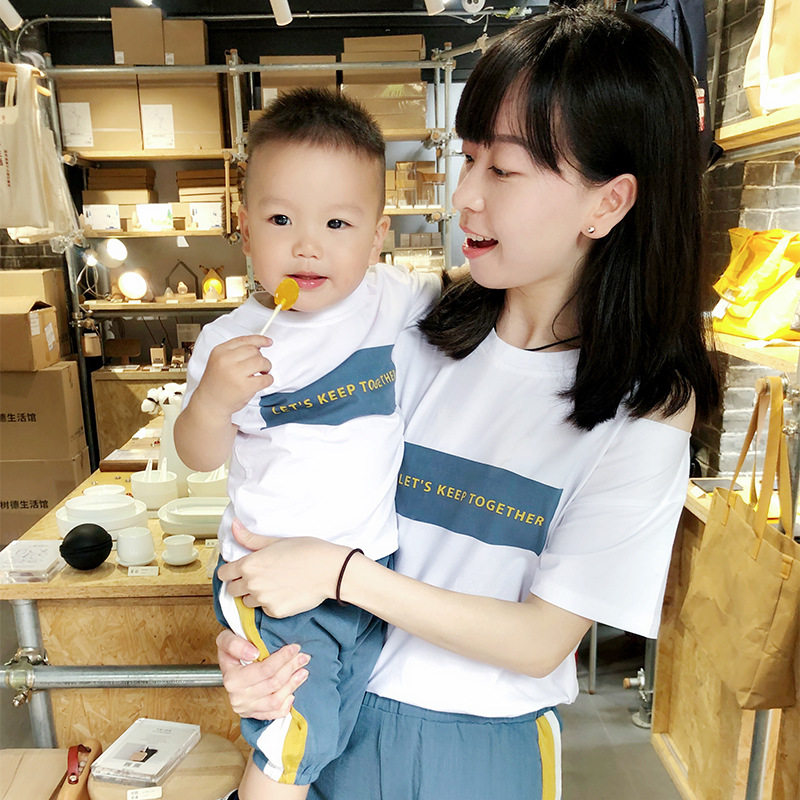 Family-child clothing with three-piece red mother and child dress wear four summer dress short sleeve t-shirt suit summer