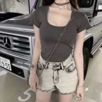 CHICYOU black and white gray three-color U-neck sexy tight thin short-sleeved T-shirt hot girl short slim tee female