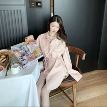 CHICYOU (pink girl) colorblock pink casual loose belt soft gentle leather shirt coat