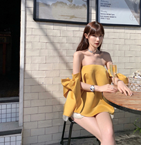  CHICYOU girls heart is very positive yellow bow decoration one-piece collar bandeau open clavicle top