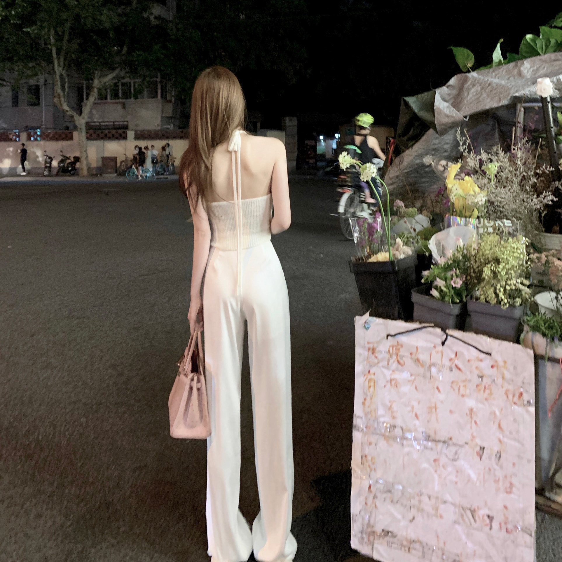 CHICYOU (silk slip milk) gentle white satin high waist straight cylinder pants loose with slim 100 lap casual pants