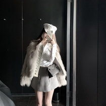 CHICYOU (Rich Girlfriend) Grey Real Fox Fur Collared Girl Leather Girl Sensation Fur Coats