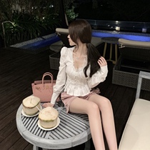 CHICYOU (gentle to the heart) Jennie wind girl slim waist lace collar court sleeve white shirt