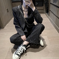 CHICYOU black splashing ink paint asteroid print suit pants niche taste slim set new