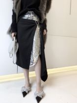 (Spike clearance)Black and silver sequins sparkle high waist ins fire irregular thin wild skirt
