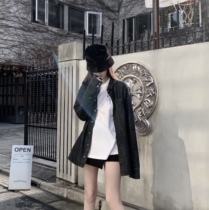 CHICYOU handsome boyfriend style black GRAY denim cross long-sleeved loose thin versatile casual shirt