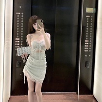 CHICYOU (hook teenage girl) Broken Lace lace Folds Sexy dress with slim fit skinny Hip Tight Skirt