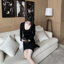 CHICYOU Sexy (chest big waist thin) Large round collar Slim Dark Black Destruction Long sleeve tee skirt dress