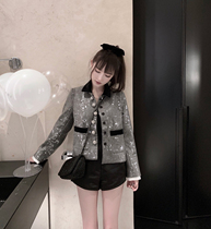 CHICYOU (Delicate Grand Lady) 50% Wool Inglém Plaid Sequin Drilling Buckle Velvet Collar Rich Woman Coat