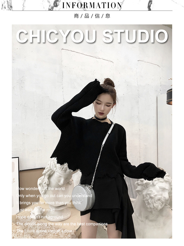 CHICYOU cắt đen bị hỏng cạnh tối đen đoạn ngắn vòng cổ lỏng mỏng dài tay áo dệt kim áo len phụ nữ áo khoác len nữ