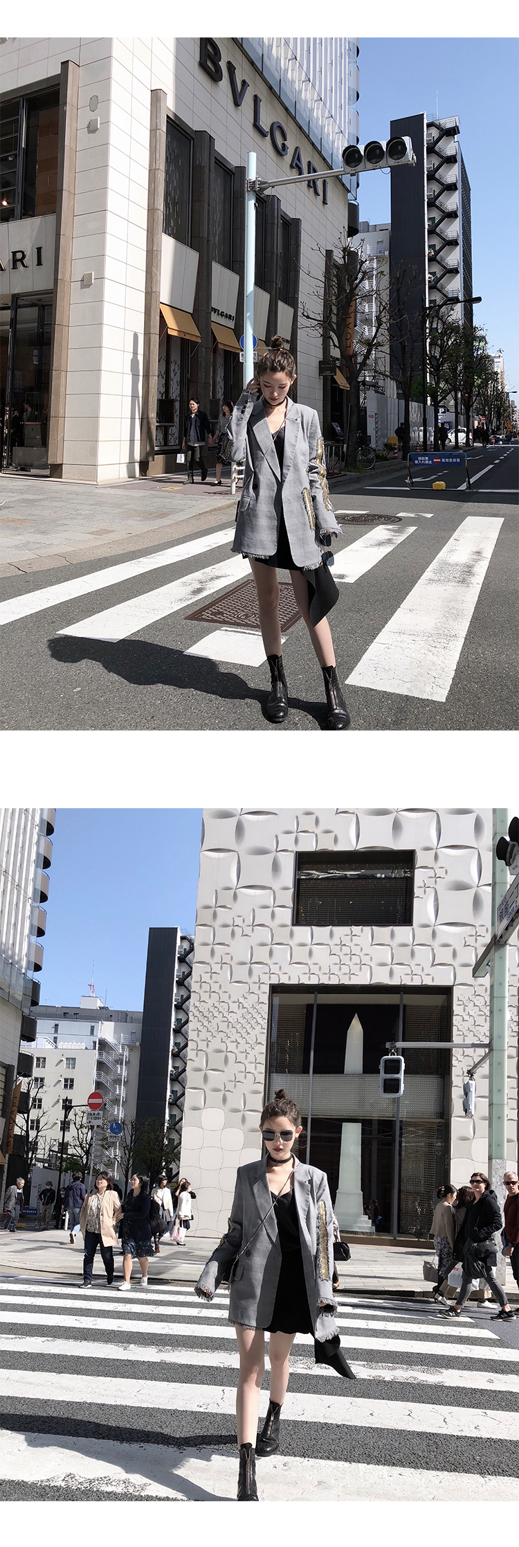 CHICYOU trọng lượng nặng tay màu xám đính cườm thiết kế thích hợp mỏng blazer giản dị quần áo nữ
