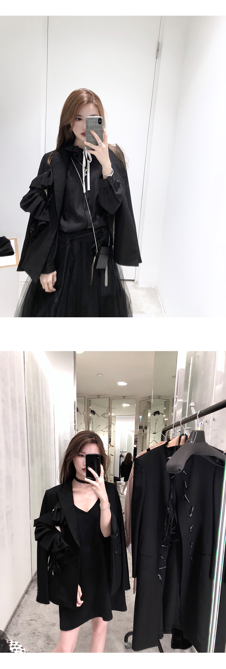 CHICYOU siêu nặng màu đen tối tóc đen tỉa hoa lỗ trang trí blazer hoang dã áo vest dạ nữ