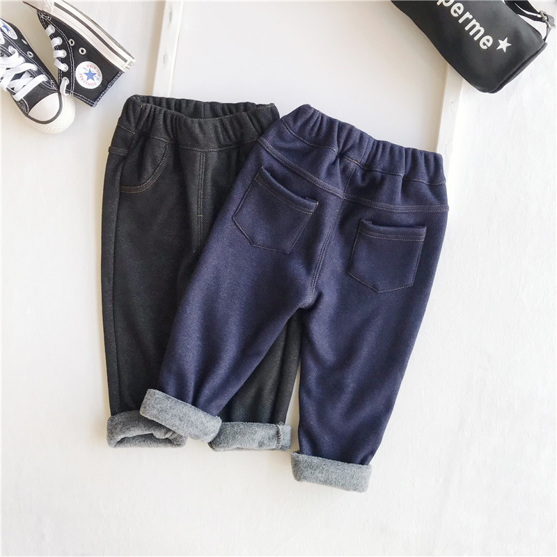 2022 Autumn and Winter Boys and Girls All-match Slim Thin Velvet Stretch Jeans Children's Knitted Imitation Denim Casual Pants