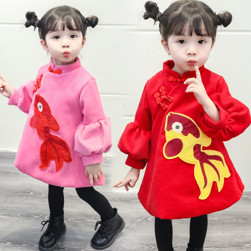 Váy bé gái kiểu sườn xám Trung Quốc 0-1-2-3 tuổi 4 váy công chúa nước ngoài mùa thu đông mặc cùng váy nhung đầm bé gái