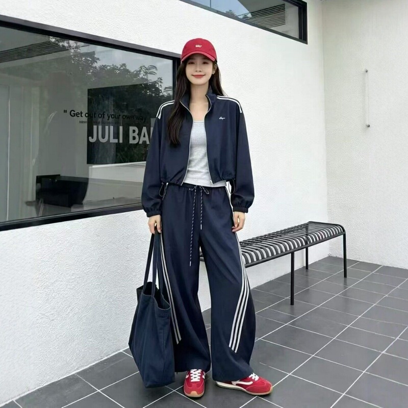 Stand Collar Casual Sporty Stylish Suit 2026 Autumn New Jacket + Inner Vest + Wide-Leg Pants Three-Piece Set