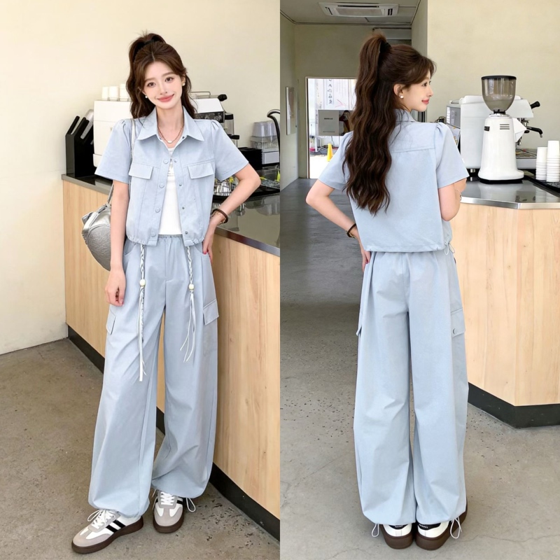 Casual Fashion Short-Sleeved Cargo Pants Suit 2026 Summer New Korean Style Polo Collar Cardigan Wide-Leg Pants Three-Piece Set