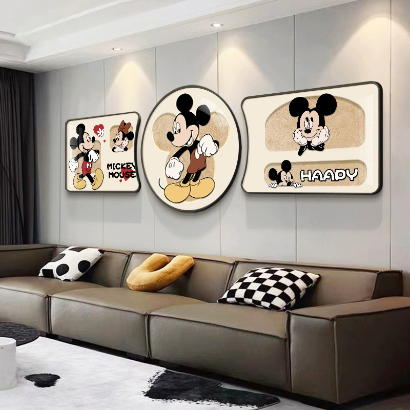 Cream-Style Mickey Living Room Decorative Painting Cartoon Mickey Mouse Triptych Modern Minimalist Sofa Background Wall Hanging Painting