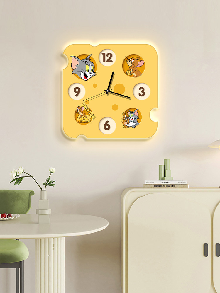 Tom and Jerry Living Room Wall Clock, Cream Style Dining Room Wall Lamp, Silent Creative No-Drill Clock