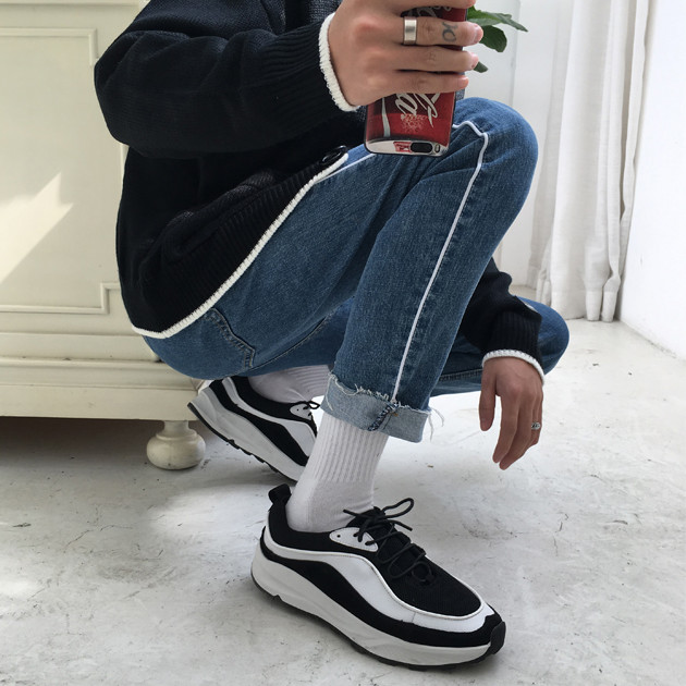 美丽的脏店 推荐款韩风chic白边线条牛仔裤帅男毛边显瘦牛仔裤