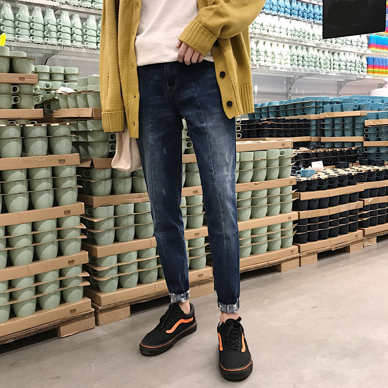 美丽的脏店 秋冬韩版经典百搭水洗牛仔裤裤脚毛边修身小脚牛仔裤