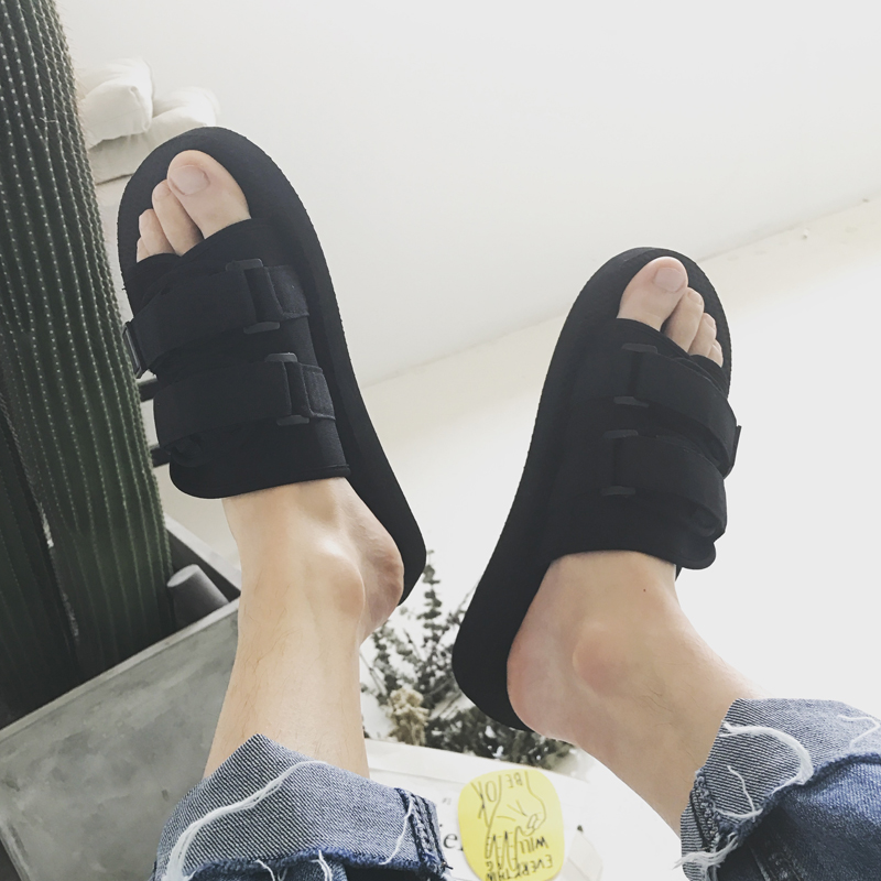 夏季情侣拖鞋港风潮流暗黑织带休闲拖鞋男女一字拖休闲凉拖外穿