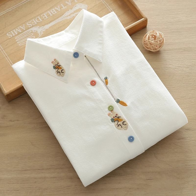 Artistic and Fresh Cartoon Embroidered Rabbit and Carrot Button-Up Pure Cotton White Long-Sleeve Shirt for Women