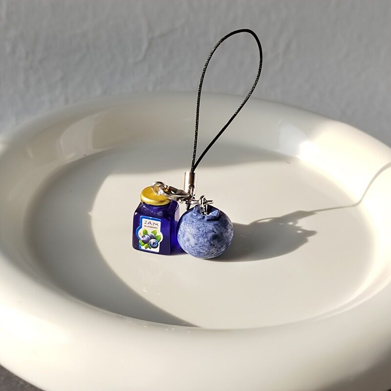 Mini blueberry jam jar keychain pendant resin simulated fruit bag charm mobile phone chain