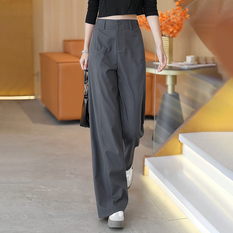 Gray Slim Wide-Leg Pants for Women, 2026 New Autumn Trendy Fleece-Lined Straight-Leg Pants, High-Waisted Casual Trousers