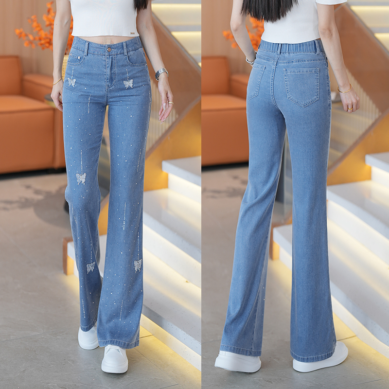 Butterfly Embroidered Tencel Denim Flared Pants for Women 2026 Summer New High-Waisted Slimming Bell-Bottom Nine-Point Pants