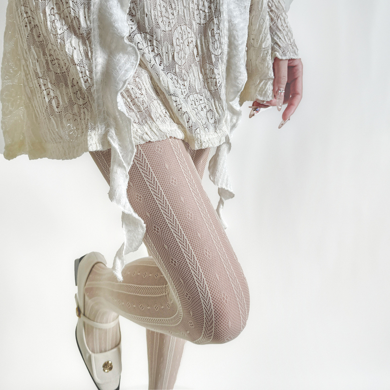 40-100kg 【4 Colors】High Elasticity Spring and Summer Vintage Stockings with Vertical Stripes, Small Floral Lace, High Elasticity, Thin Pantyhose