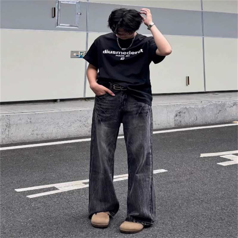2025 New Lightning Pattern Black Jeans Men's Summer Thin Loose Straight-Leg Pants American Drape Work Pants 2025 New Lightning Pattern Black Jeans Men's Summer Thin Loose Straight-Leg Pants American Drape Work Pants