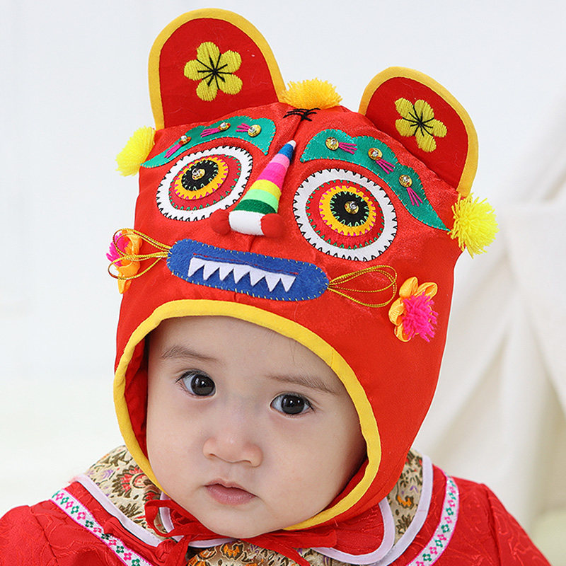 National traditional handmade child baby tiger head cap infant boy girl baby girl full month old tiger hat