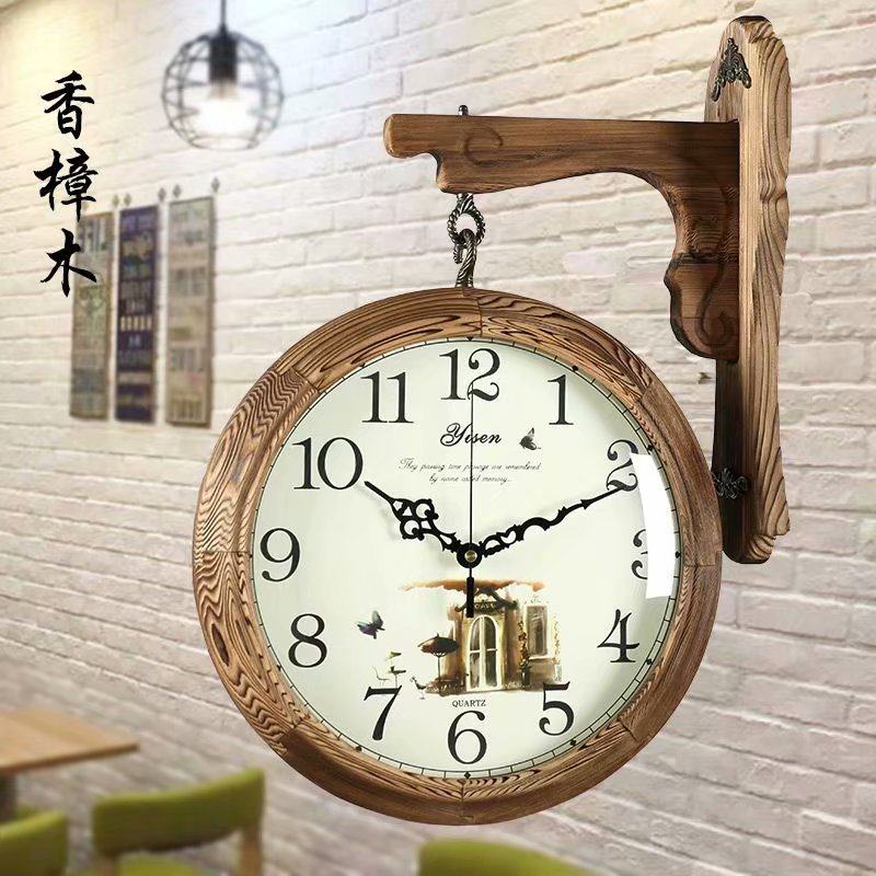 Fragrant camphor wood double-sided hanging clock modern minimalist solid wood clock living room European style home mute retro quartz clock